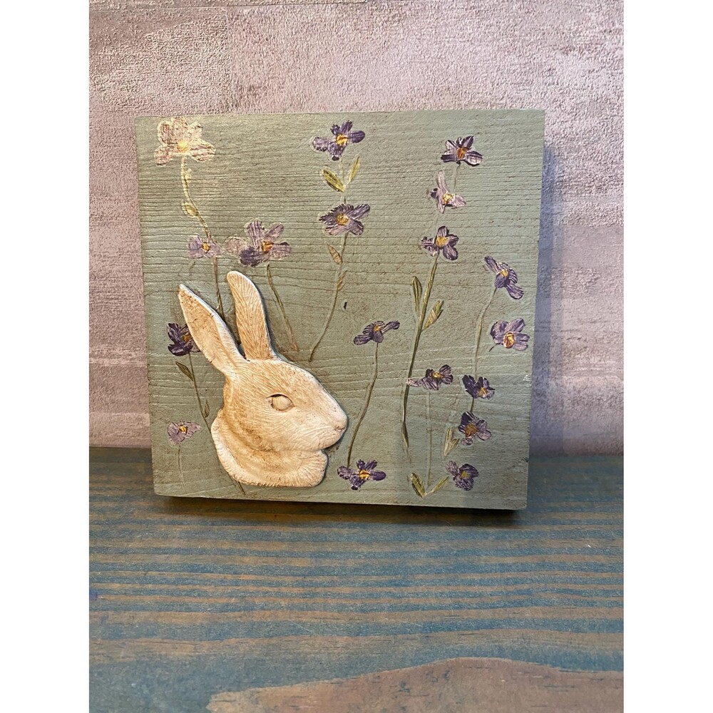 Wood Bunny Violets Plaque – 5"x5" Wall Art Shelf Sitter